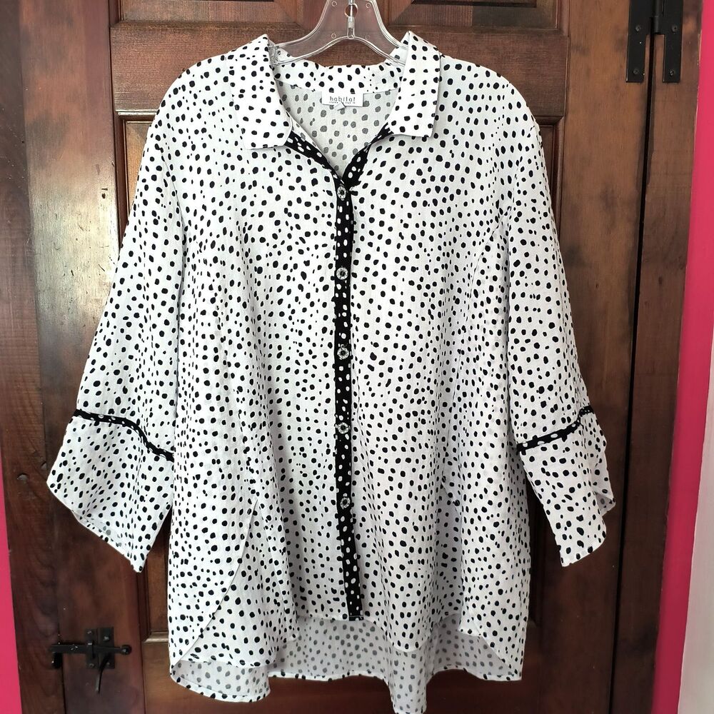 Habitat Clothes To Live In Top XL Black White Polka Dot Buttons Lagenlook Office